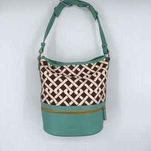 Spartina 449 Madison Stanley Bucket Bag Linen Liner Leather Teal Brown Geometric